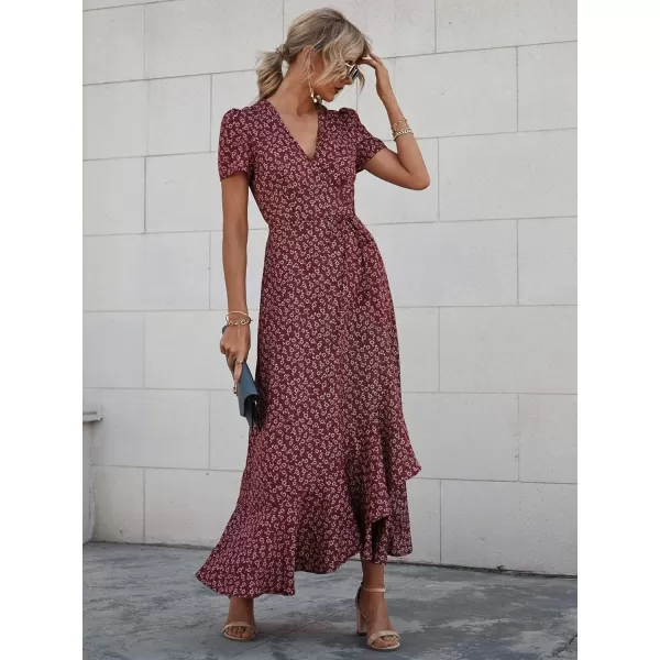 imagePRETTYGARDEN Womens Summer Wrap Maxi Dress Casual Boho Floral V Neck Short Sleeve Ruffle Hem Split Beach Long DressesRed