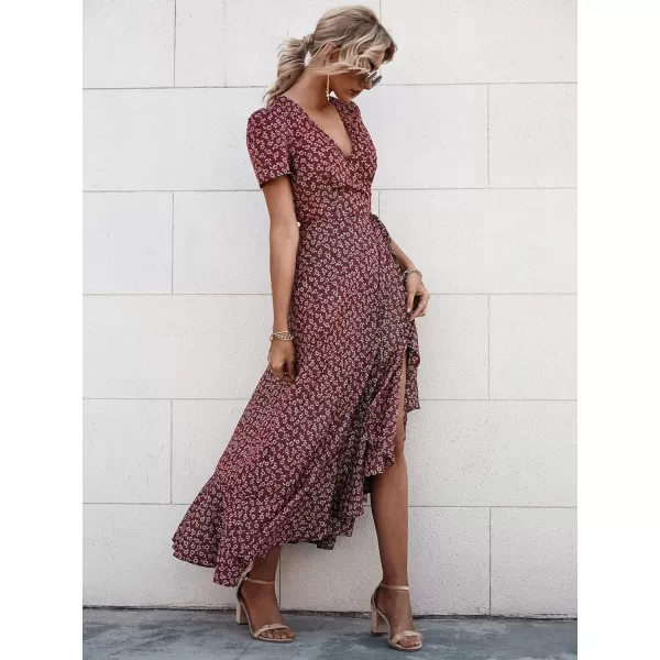 imagePRETTYGARDEN Womens Summer Wrap Maxi Dress Casual Boho Floral V Neck Short Sleeve Ruffle Hem Split Beach Long DressesRed