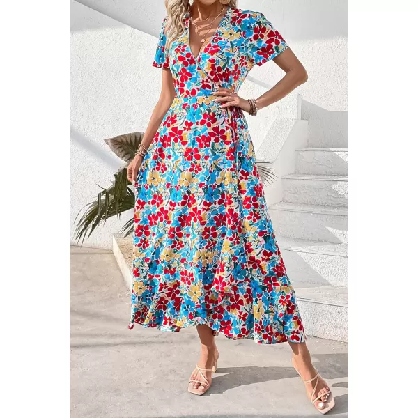 imagePRETTYGARDEN Womens Summer Wrap Maxi Dress Casual Boho Floral V Neck Short Sleeve Ruffle Hem Split Beach Long DressesRed Blue Floral
