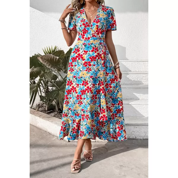 imagePRETTYGARDEN Womens Summer Wrap Maxi Dress Casual Boho Floral V Neck Short Sleeve Ruffle Hem Split Beach Long DressesRed Blue Floral