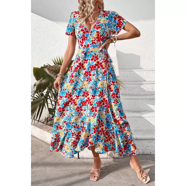 imagePRETTYGARDEN Womens Summer Wrap Maxi Dress Casual Boho Floral V Neck Short Sleeve Ruffle Hem Split Beach Long DressesRed Blue Floral