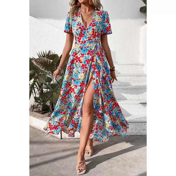 imagePRETTYGARDEN Womens Summer Wrap Maxi Dress Casual Boho Floral V Neck Short Sleeve Ruffle Hem Split Beach Long DressesRed Blue Floral