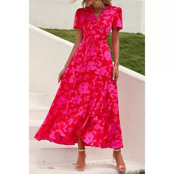 imagePRETTYGARDEN Womens Summer Wrap Maxi Dress Casual Boho Floral V Neck Short Sleeve Ruffle Hem Split Beach Long DressesRed Floral