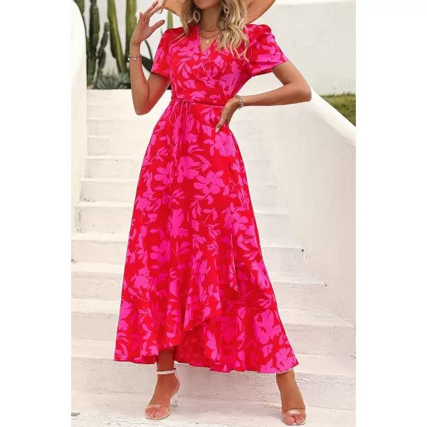 imagePRETTYGARDEN Womens Summer Wrap Maxi Dress Casual Boho Floral V Neck Short Sleeve Ruffle Hem Split Beach Long DressesRed Floral