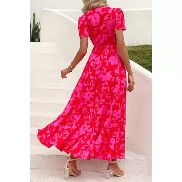 imagePRETTYGARDEN Womens Summer Wrap Maxi Dress Casual Boho Floral V Neck Short Sleeve Ruffle Hem Split Beach Long DressesRed Floral