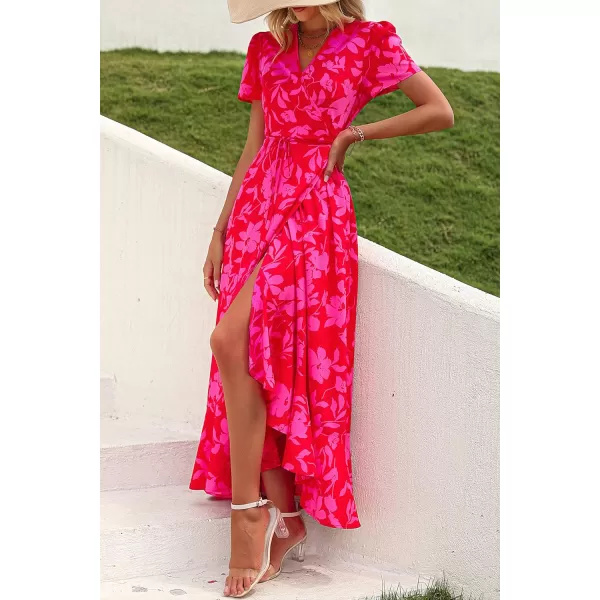 imagePRETTYGARDEN Womens Summer Wrap Maxi Dress Casual Boho Floral V Neck Short Sleeve Ruffle Hem Split Beach Long DressesRed Floral