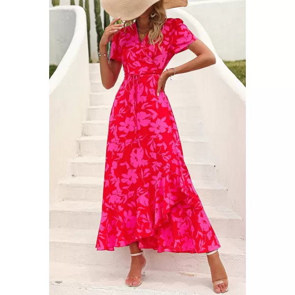 imagePRETTYGARDEN Womens Summer Wrap Maxi Dress Casual Boho Floral V Neck Short Sleeve Ruffle Hem Split Beach Long DressesRed Floral