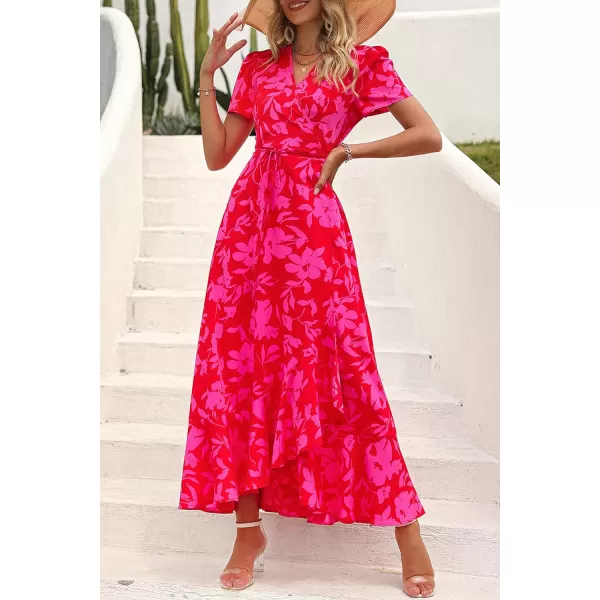 imagePRETTYGARDEN Womens Summer Wrap Maxi Dress Casual Boho Floral V Neck Short Sleeve Ruffle Hem Split Beach Long DressesRed Floral