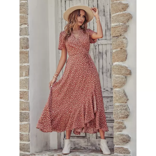 imagePRETTYGARDEN Womens Summer Wrap Maxi Dress Casual Boho Floral V Neck Short Sleeve Ruffle Hem Split Beach Long DressesRed White Floral