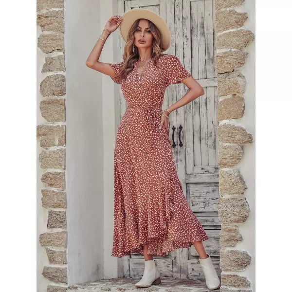 imagePRETTYGARDEN Womens Summer Wrap Maxi Dress Casual Boho Floral V Neck Short Sleeve Ruffle Hem Split Beach Long DressesRed White Floral