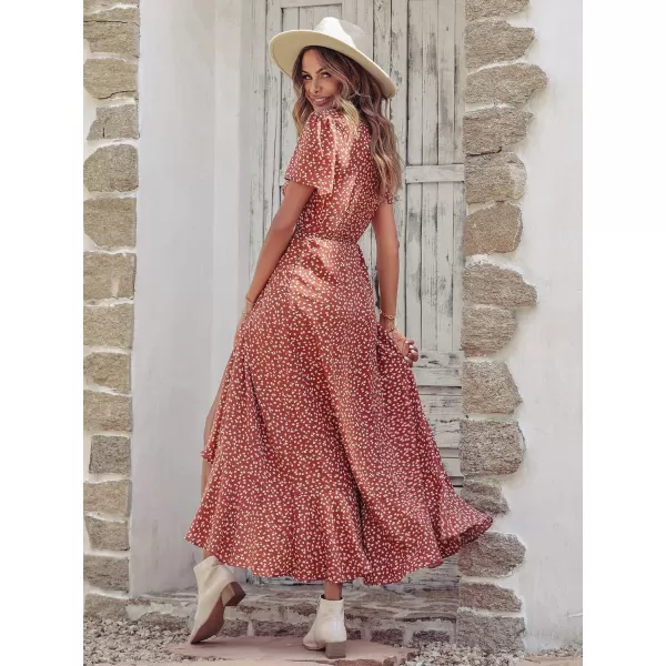 imagePRETTYGARDEN Womens Summer Wrap Maxi Dress Casual Boho Floral V Neck Short Sleeve Ruffle Hem Split Beach Long DressesRed White Floral