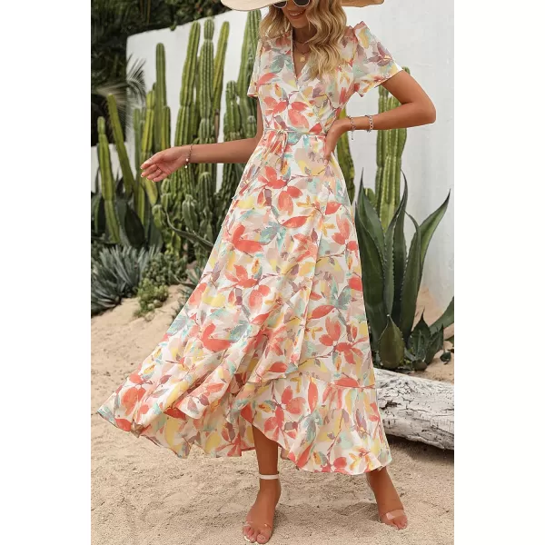 imagePRETTYGARDEN Womens Summer Wrap Maxi Dress Casual Boho Floral V Neck Short Sleeve Ruffle Hem Split Beach Long DressesWhite Floral