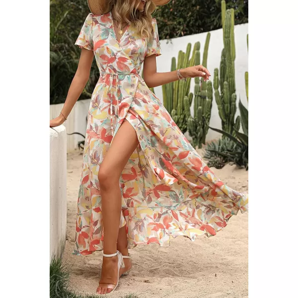 imagePRETTYGARDEN Womens Summer Wrap Maxi Dress Casual Boho Floral V Neck Short Sleeve Ruffle Hem Split Beach Long DressesWhite Floral