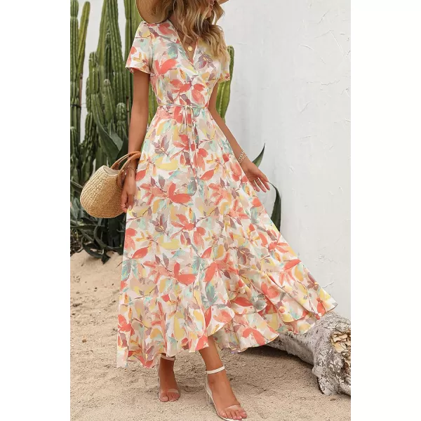 imagePRETTYGARDEN Womens Summer Wrap Maxi Dress Casual Boho Floral V Neck Short Sleeve Ruffle Hem Split Beach Long DressesWhite Floral