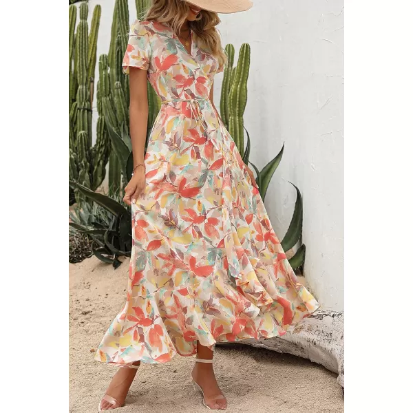 imagePRETTYGARDEN Womens Summer Wrap Maxi Dress Casual Boho Floral V Neck Short Sleeve Ruffle Hem Split Beach Long DressesWhite Floral