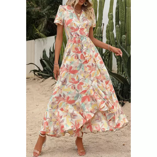 imagePRETTYGARDEN Womens Summer Wrap Maxi Dress Casual Boho Floral V Neck Short Sleeve Ruffle Hem Split Beach Long DressesWhite Floral