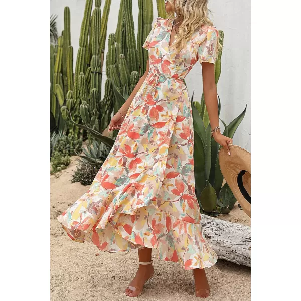 imagePRETTYGARDEN Womens Summer Wrap Maxi Dress Casual Boho Floral V Neck Short Sleeve Ruffle Hem Split Beach Long DressesWhite Floral