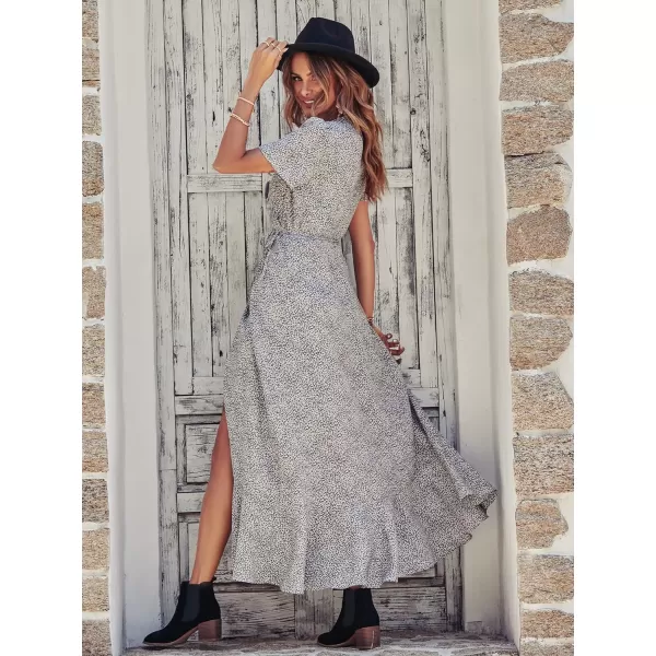 imagePRETTYGARDEN Womens Summer Wrap Maxi Dress Casual Boho Floral V Neck Short Sleeve Ruffle Hem Split Beach Long DressesWhite Leopard