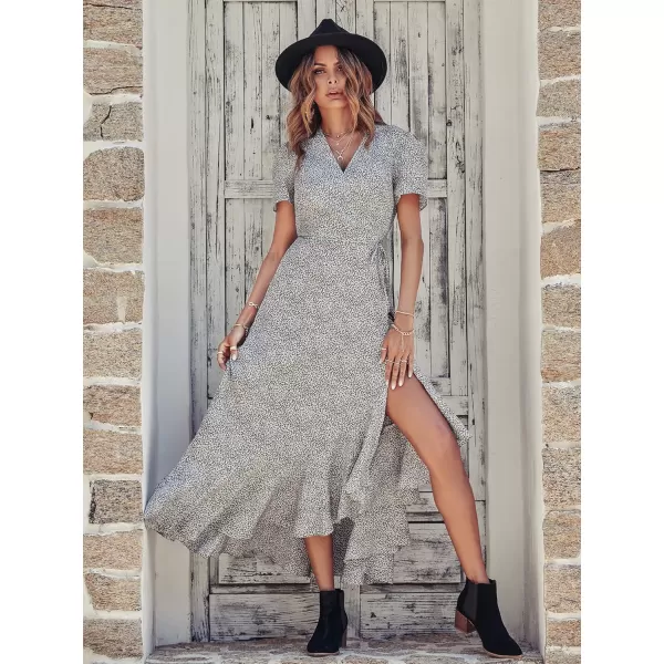 imagePRETTYGARDEN Womens Summer Wrap Maxi Dress Casual Boho Floral V Neck Short Sleeve Ruffle Hem Split Beach Long DressesWhite Leopard