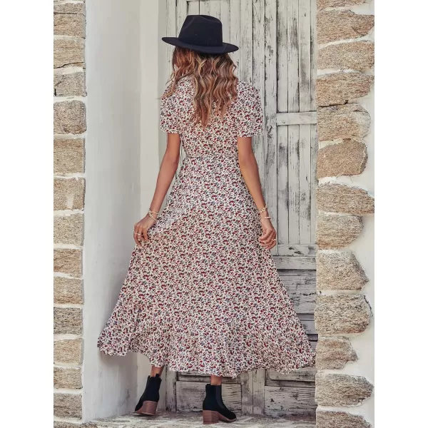 imagePRETTYGARDEN Womens Summer Wrap Maxi Dress Casual Boho Floral V Neck Short Sleeve Ruffle Hem Split Beach Long DressesWhite Red Floral