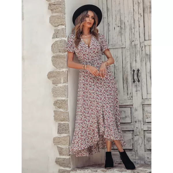 imagePRETTYGARDEN Womens Summer Wrap Maxi Dress Casual Boho Floral V Neck Short Sleeve Ruffle Hem Split Beach Long DressesWhite Red Floral