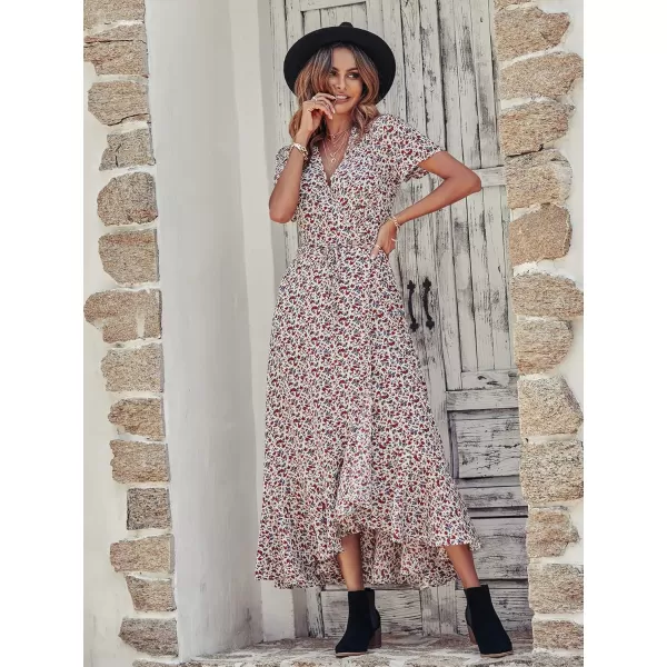 imagePRETTYGARDEN Womens Summer Wrap Maxi Dress Casual Boho Floral V Neck Short Sleeve Ruffle Hem Split Beach Long DressesWhite Red Floral