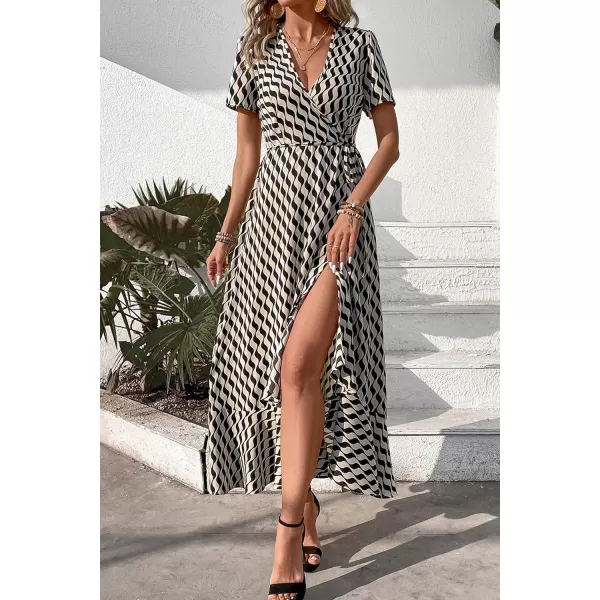 imagePRETTYGARDEN Womens Summer Wrap Maxi Dress Casual Boho Floral V Neck Short Sleeve Ruffle Hem Split Beach Long DressesWhite Wave
