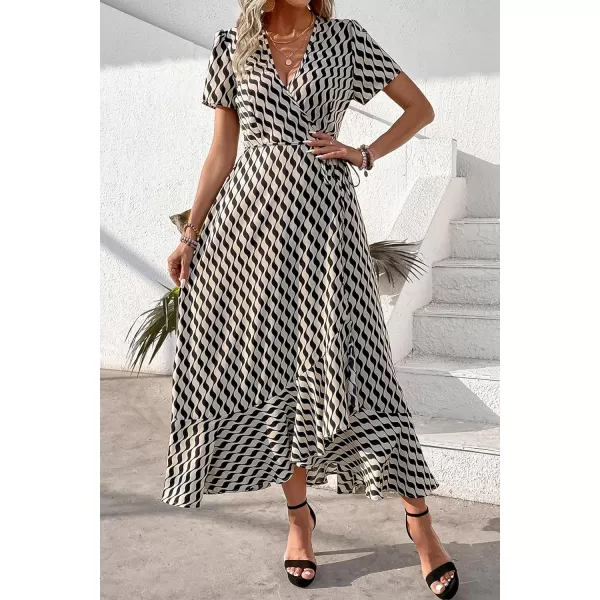 imagePRETTYGARDEN Womens Summer Wrap Maxi Dress Casual Boho Floral V Neck Short Sleeve Ruffle Hem Split Beach Long DressesWhite Wave