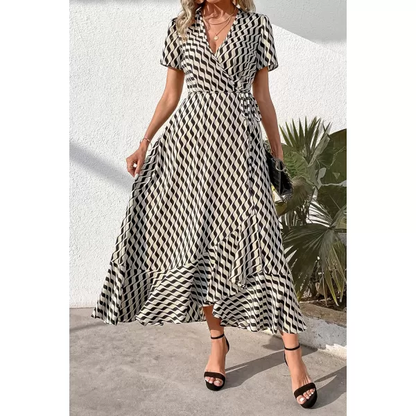 imagePRETTYGARDEN Womens Summer Wrap Maxi Dress Casual Boho Floral V Neck Short Sleeve Ruffle Hem Split Beach Long DressesWhite Wave