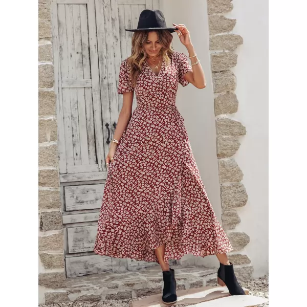 imagePRETTYGARDEN Womens Summer Wrap Maxi Dress Casual Boho Floral V Neck Short Sleeve Ruffle Hem Split Beach Long DressesWine Red Floral