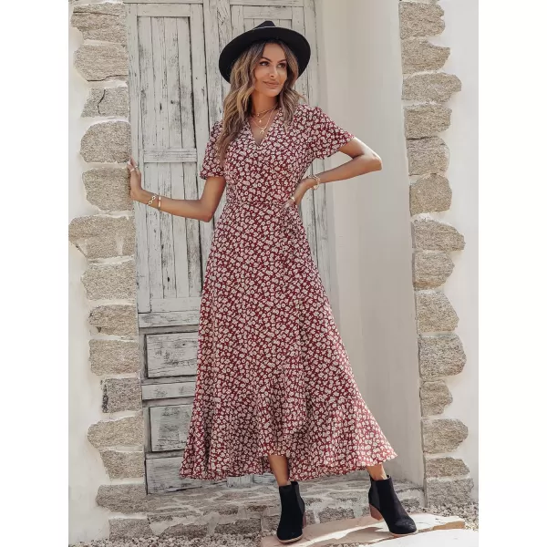 imagePRETTYGARDEN Womens Summer Wrap Maxi Dress Casual Boho Floral V Neck Short Sleeve Ruffle Hem Split Beach Long DressesWine Red Floral