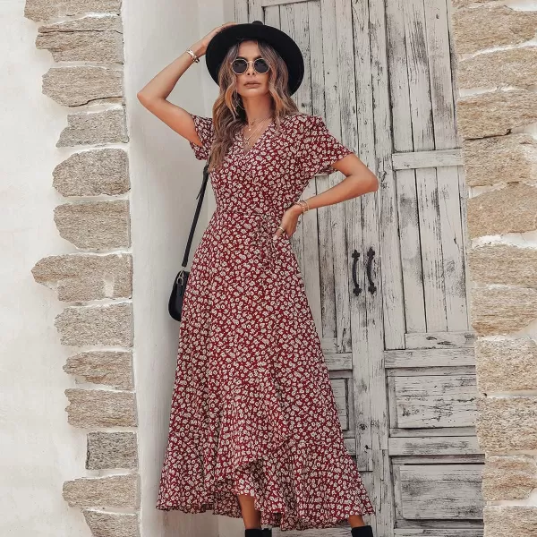 imagePRETTYGARDEN Womens Summer Wrap Maxi Dress Casual Boho Floral V Neck Short Sleeve Ruffle Hem Split Beach Long DressesWine Red Floral