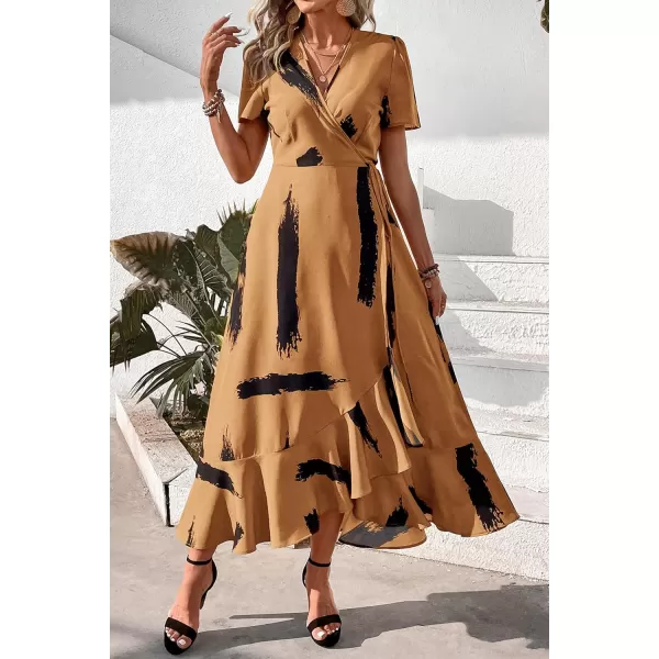 imagePRETTYGARDEN Womens Summer Wrap Maxi Dress Casual Boho Floral V Neck Short Sleeve Ruffle Hem Split Beach Long DressesYellow Black Ink