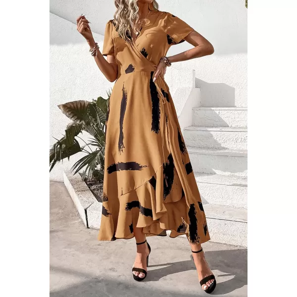 imagePRETTYGARDEN Womens Summer Wrap Maxi Dress Casual Boho Floral V Neck Short Sleeve Ruffle Hem Split Beach Long DressesYellow Black Ink