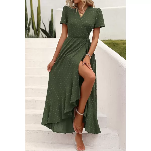 imagePRETTYGARDEN Womens Summer Wrap Maxi Dress Casual Boho Floral V Neck Short Sleeve Ruffle Hem Split Beach Long DressesZarmy Green
