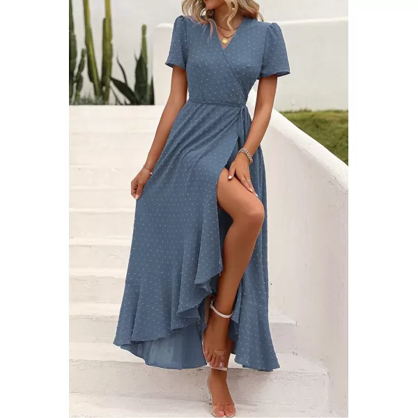 imagePRETTYGARDEN Womens Summer Wrap Maxi Dress Casual Boho Floral V Neck Short Sleeve Ruffle Hem Split Beach Long DressesZblue