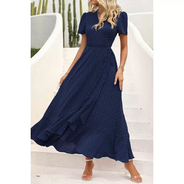 imagePRETTYGARDEN Womens Summer Wrap Maxi Dress Casual Boho Floral V Neck Short Sleeve Ruffle Hem Split Beach Long DressesZnavy
