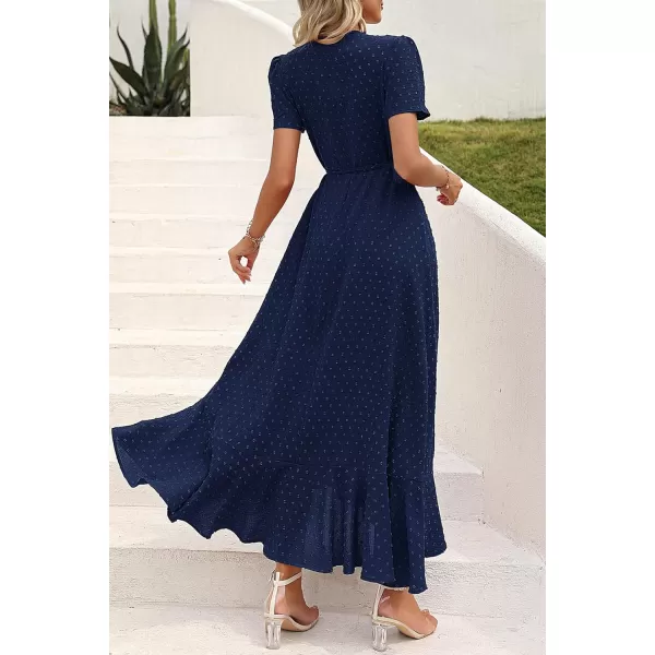 imagePRETTYGARDEN Womens Summer Wrap Maxi Dress Casual Boho Floral V Neck Short Sleeve Ruffle Hem Split Beach Long DressesZnavy