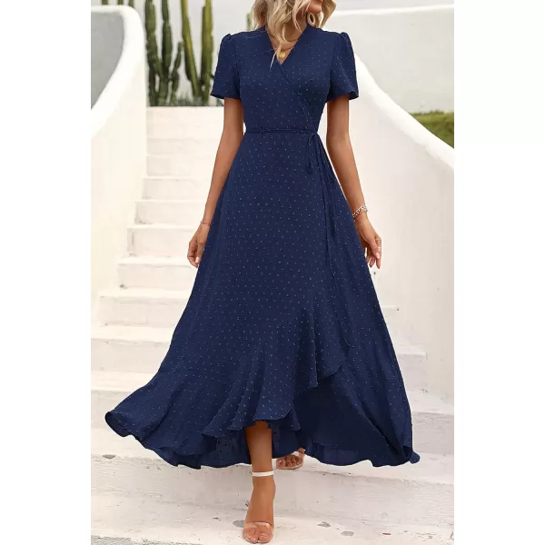 imagePRETTYGARDEN Womens Summer Wrap Maxi Dress Casual Boho Floral V Neck Short Sleeve Ruffle Hem Split Beach Long DressesZnavy