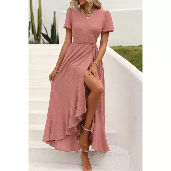 imagePRETTYGARDEN Womens Summer Wrap Maxi Dress Casual Boho Floral V Neck Short Sleeve Ruffle Hem Split Beach Long DressesZpink