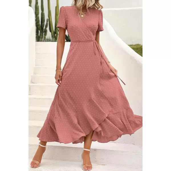 imagePRETTYGARDEN Womens Summer Wrap Maxi Dress Casual Boho Floral V Neck Short Sleeve Ruffle Hem Split Beach Long DressesZpink