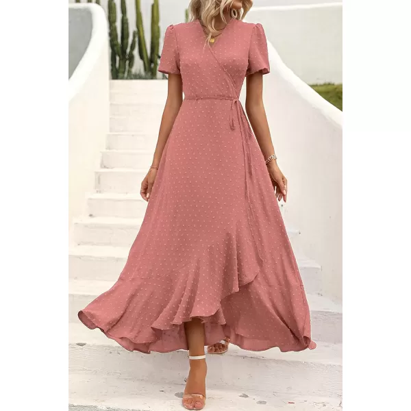imagePRETTYGARDEN Womens Summer Wrap Maxi Dress Casual Boho Floral V Neck Short Sleeve Ruffle Hem Split Beach Long DressesZpink