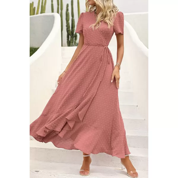 imagePRETTYGARDEN Womens Summer Wrap Maxi Dress Casual Boho Floral V Neck Short Sleeve Ruffle Hem Split Beach Long DressesZpink