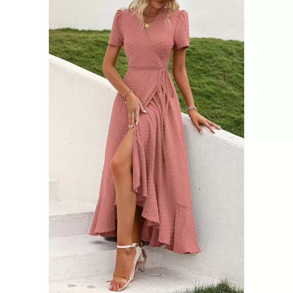 imagePRETTYGARDEN Womens Summer Wrap Maxi Dress Casual Boho Floral V Neck Short Sleeve Ruffle Hem Split Beach Long DressesZpink