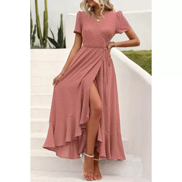 imagePRETTYGARDEN Womens Summer Wrap Maxi Dress Casual Boho Floral V Neck Short Sleeve Ruffle Hem Split Beach Long DressesZpink