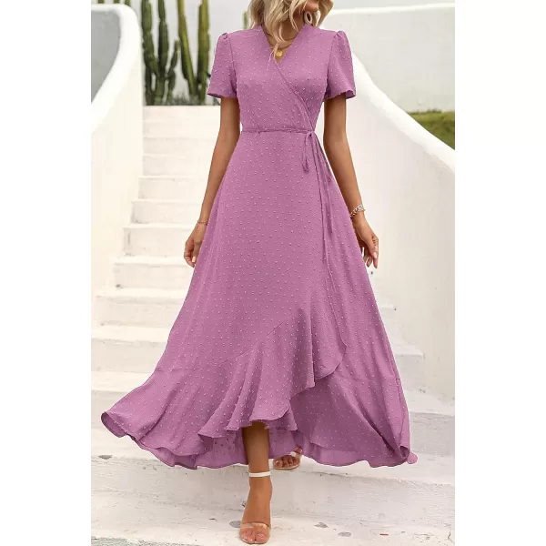 imagePRETTYGARDEN Womens Summer Wrap Maxi Dress Casual Boho Floral V Neck Short Sleeve Ruffle Hem Split Beach Long DressesZpurple