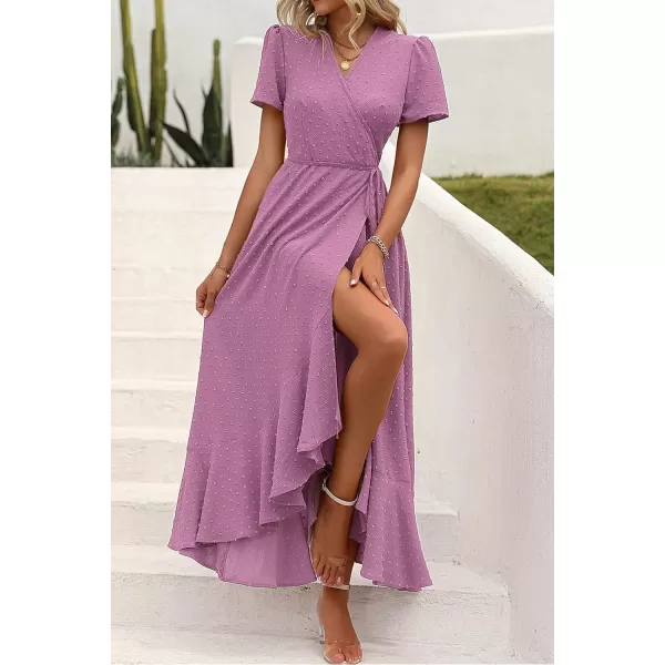 imagePRETTYGARDEN Womens Summer Wrap Maxi Dress Casual Boho Floral V Neck Short Sleeve Ruffle Hem Split Beach Long DressesZpurple
