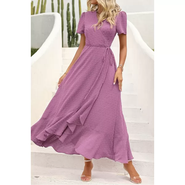 imagePRETTYGARDEN Womens Summer Wrap Maxi Dress Casual Boho Floral V Neck Short Sleeve Ruffle Hem Split Beach Long DressesZpurple