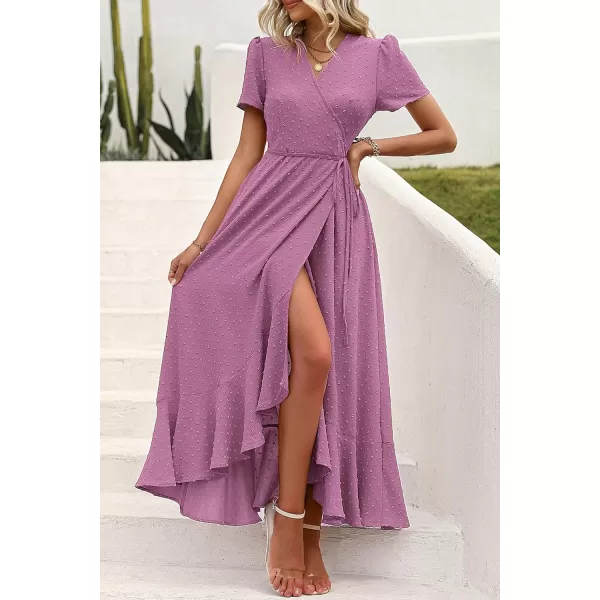 imagePRETTYGARDEN Womens Summer Wrap Maxi Dress Casual Boho Floral V Neck Short Sleeve Ruffle Hem Split Beach Long DressesZpurple