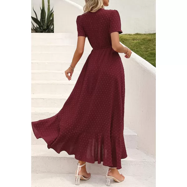 imagePRETTYGARDEN Womens Summer Wrap Maxi Dress Casual Boho Floral V Neck Short Sleeve Ruffle Hem Split Beach Long DressesZwine Red